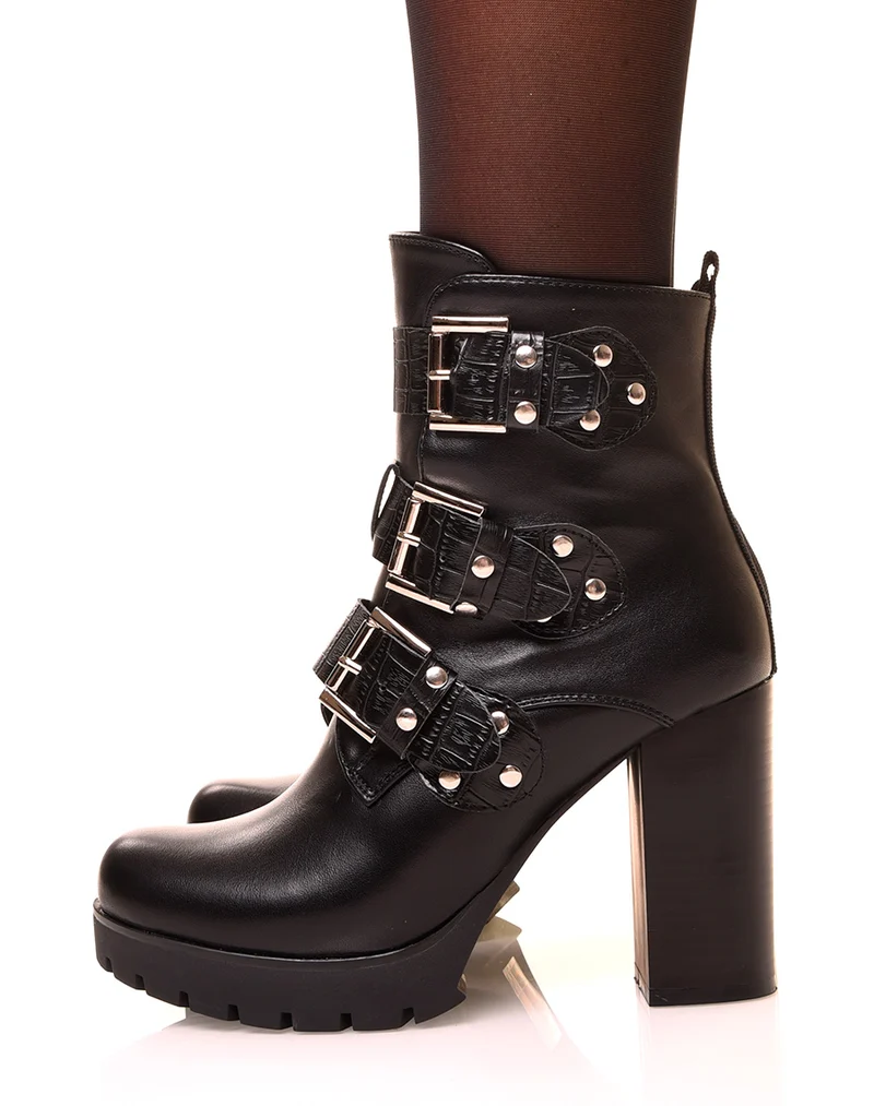 Bottines noires à lanières croco
