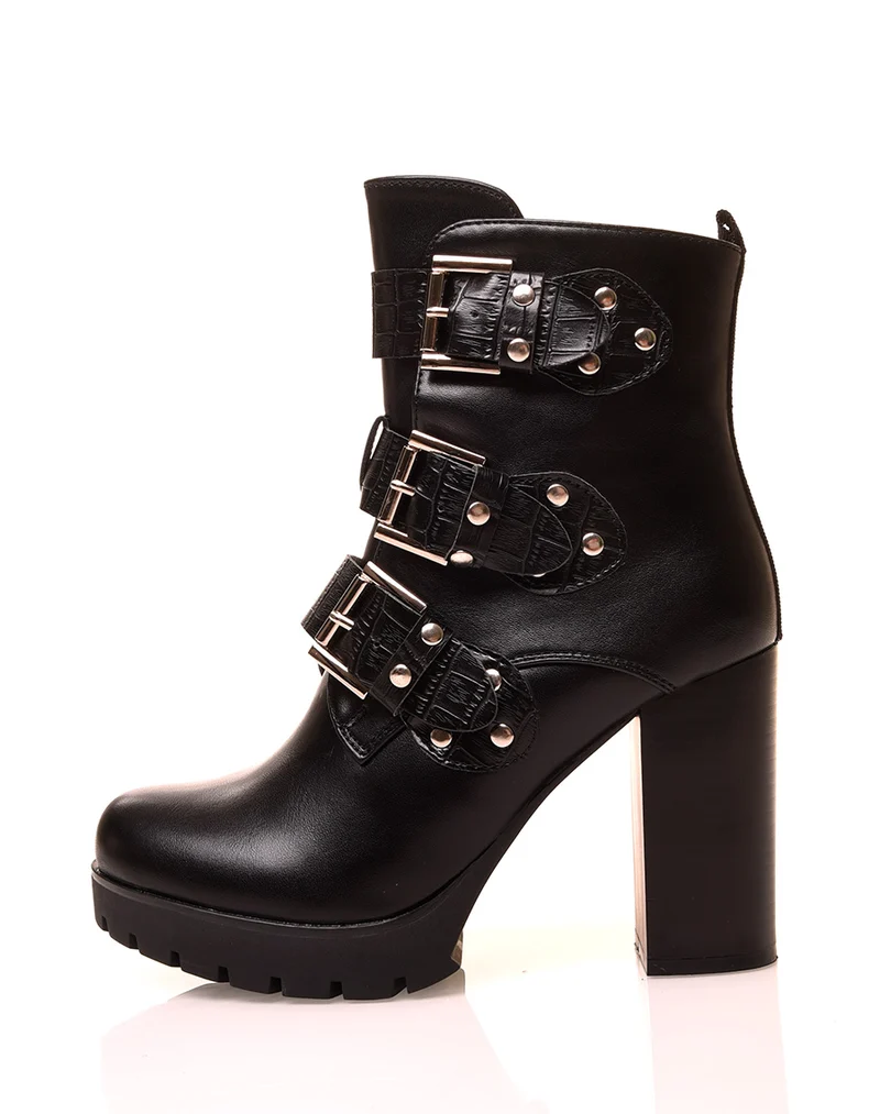 Bottines noires à lanières croco