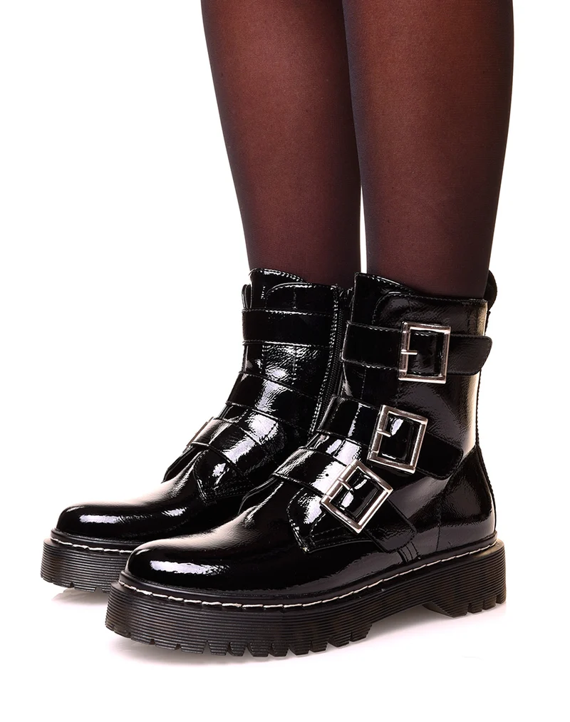 Bottine vernis noire à multiples sangles ajustable