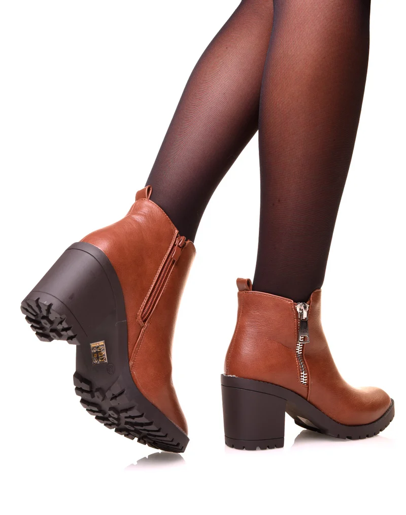 Bottine à talon camel à double zip