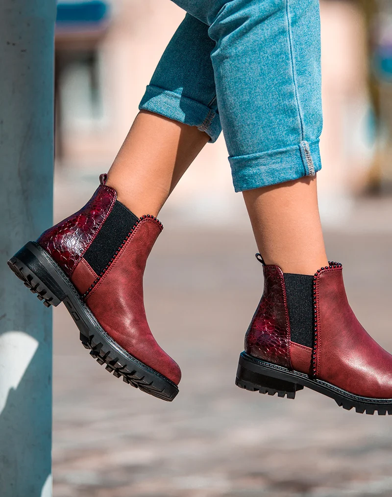 Bottines bordeaux bi-matières avec élastique