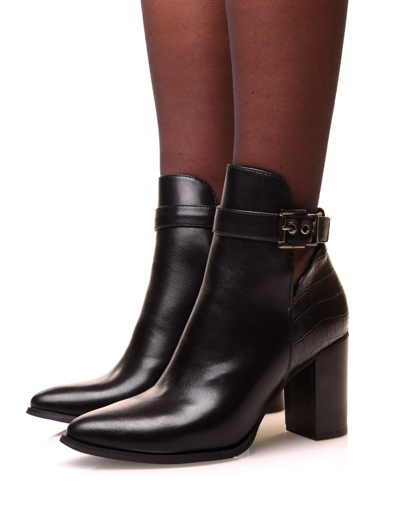 Bottines noires à talons et à bouts pointus bi-matières