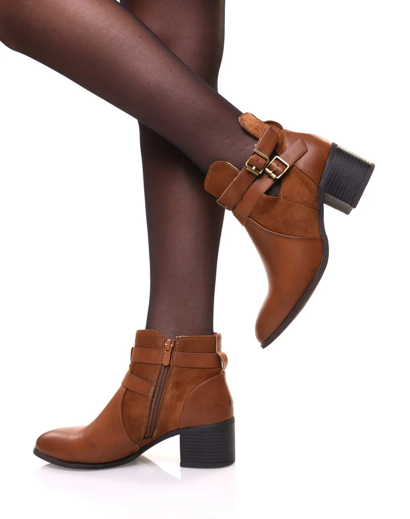 Bottines ajourées camel à talon moyen