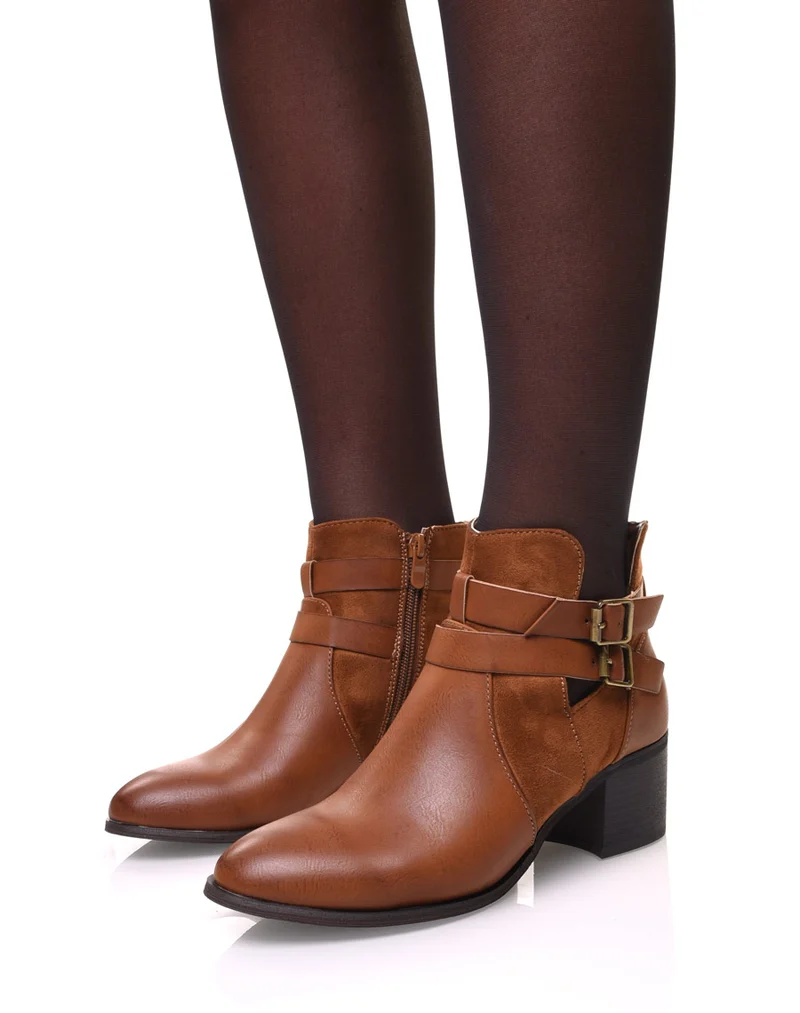 Bottines ajourées camel à talon moyen