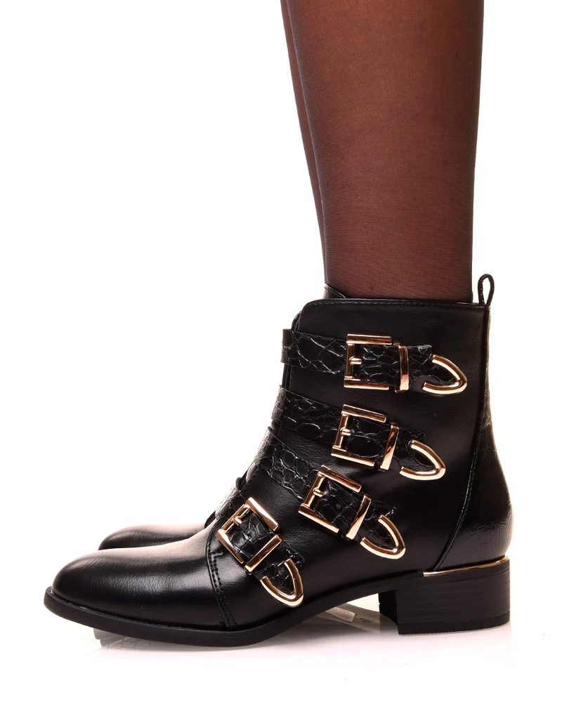 Bottines noires à multiples brides effet croco