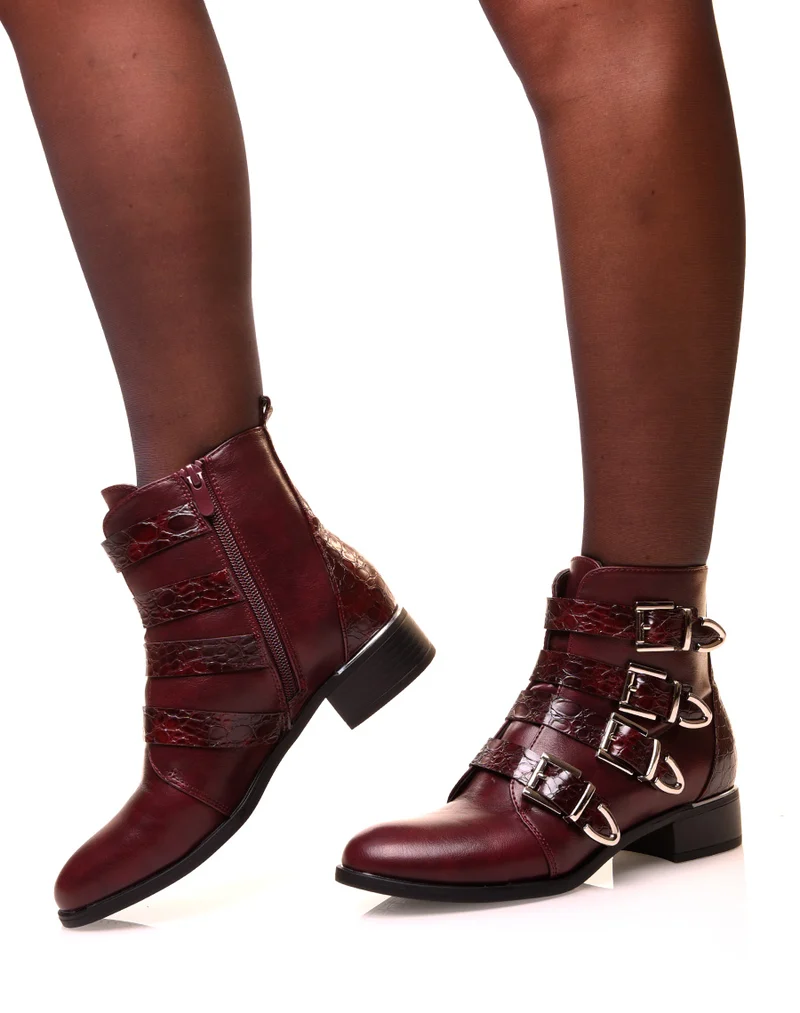 Bottines bordeaux à multiples brides effet croco