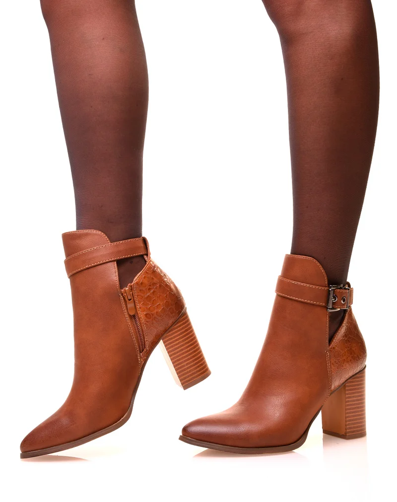 Bottines camel à talons et à bouts pointus bi-matières