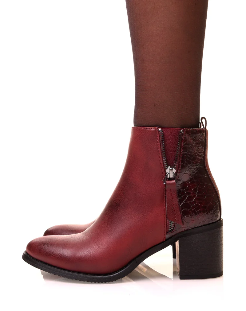 Bottines bordeaux à talons carrés bi-matières effet croco