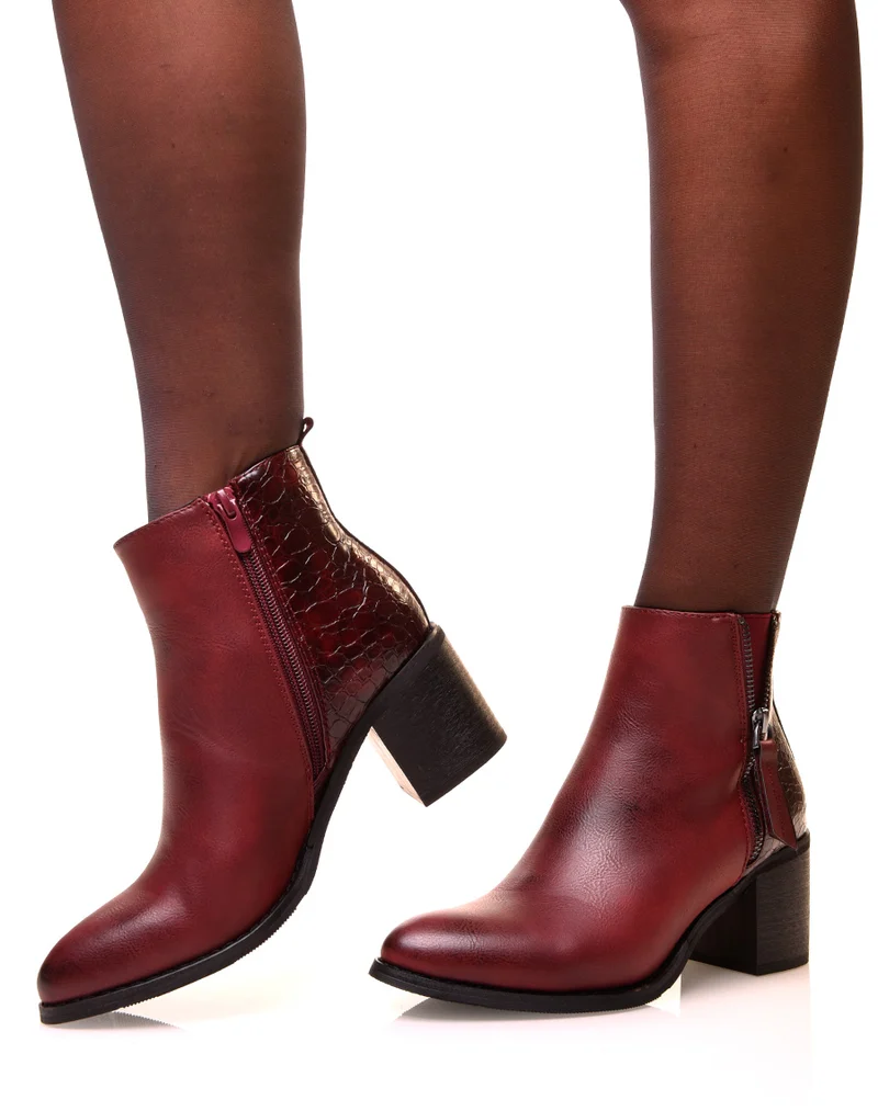 Bottines bordeaux à talons carrés bi-matières effet croco