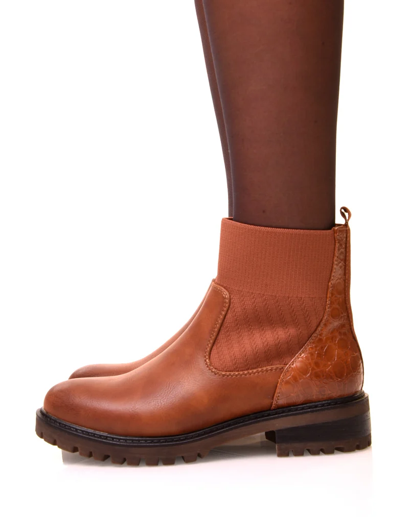 Bottines camel bi-matières à effet chaussette