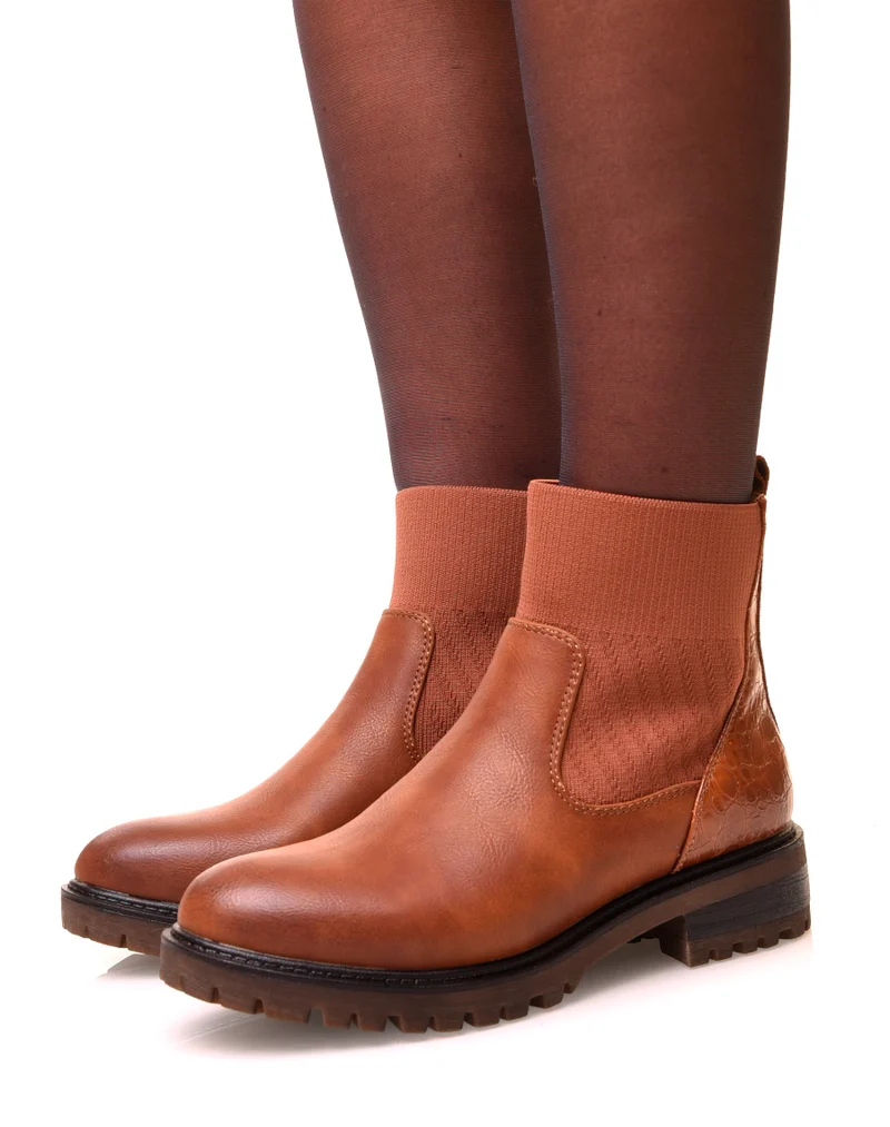 Bottines camel bi-matières à effet chaussette