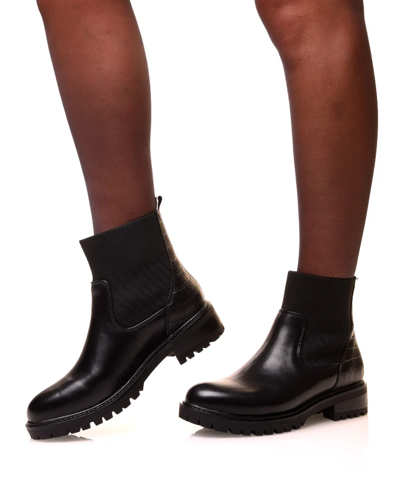 Bottines noires bi-matières à effet chaussette