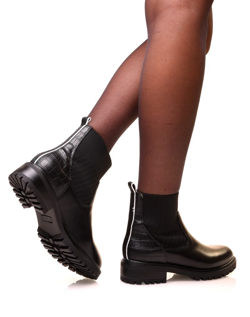 Bottines noires bi-matières à effet chaussette