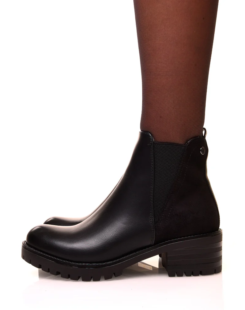 Bottines noires bi-matières effet suédine et élastique échancré