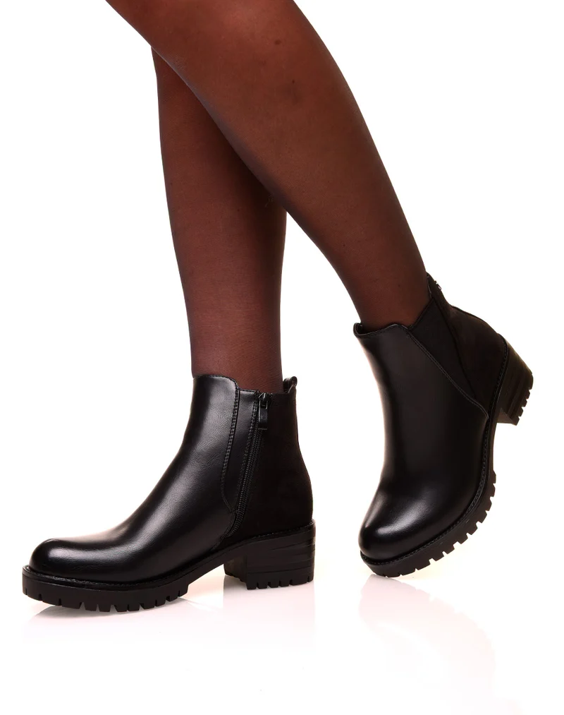 Bottines noires bi-matières effet suédine et élastique échancré
