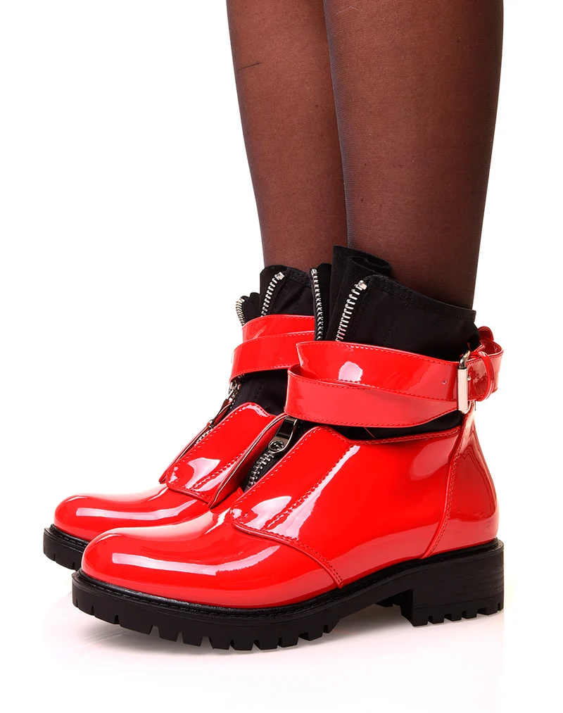 Bottines rouges vernies à zip effet chaussette