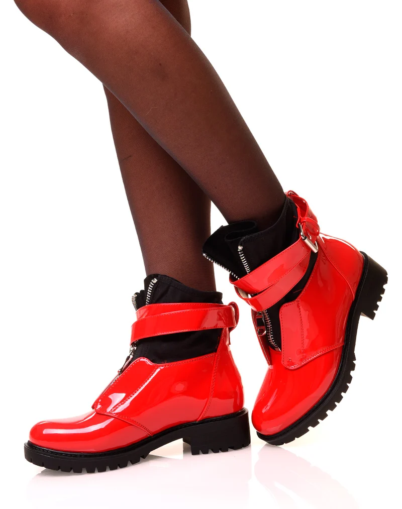 Bottines rouges vernies à zip effet chaussette
