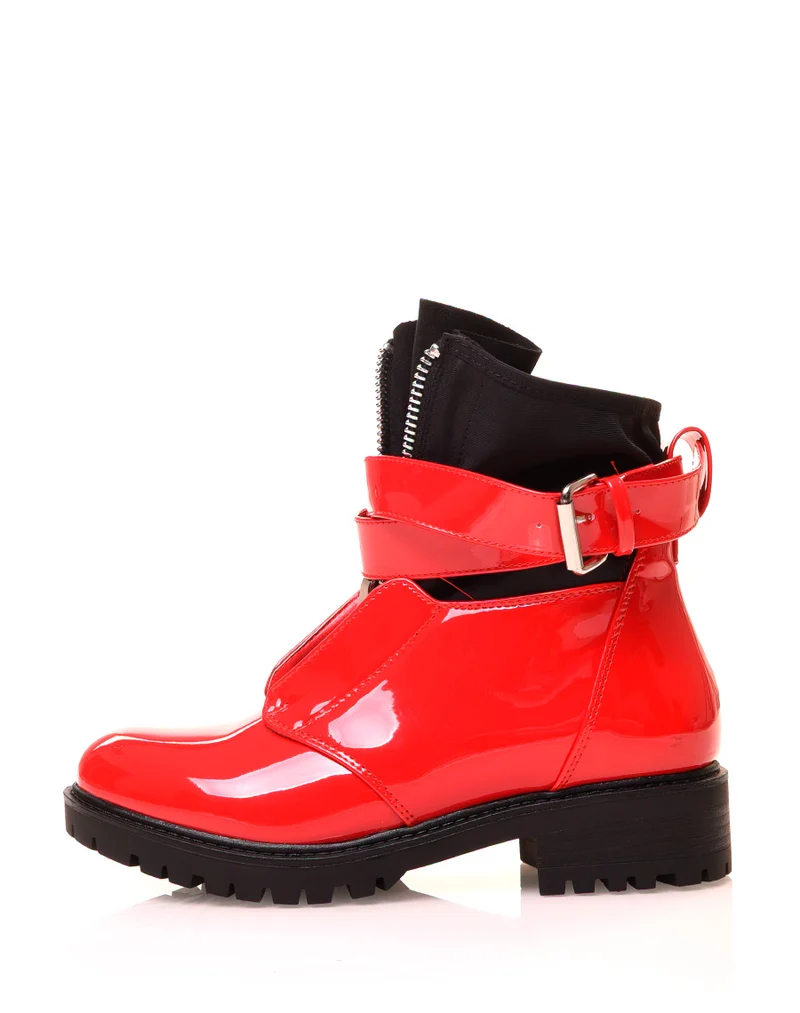 Bottines rouges vernies à zip effet chaussette