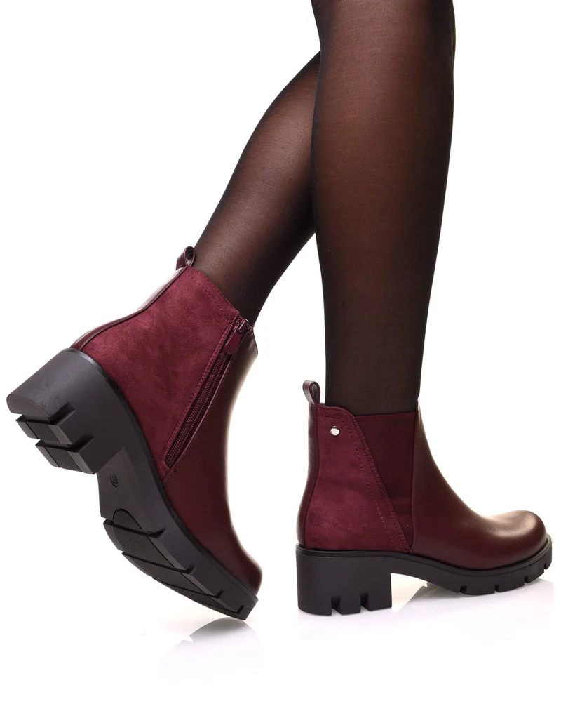 Bottines bordeaux bi matières et élastique échancré