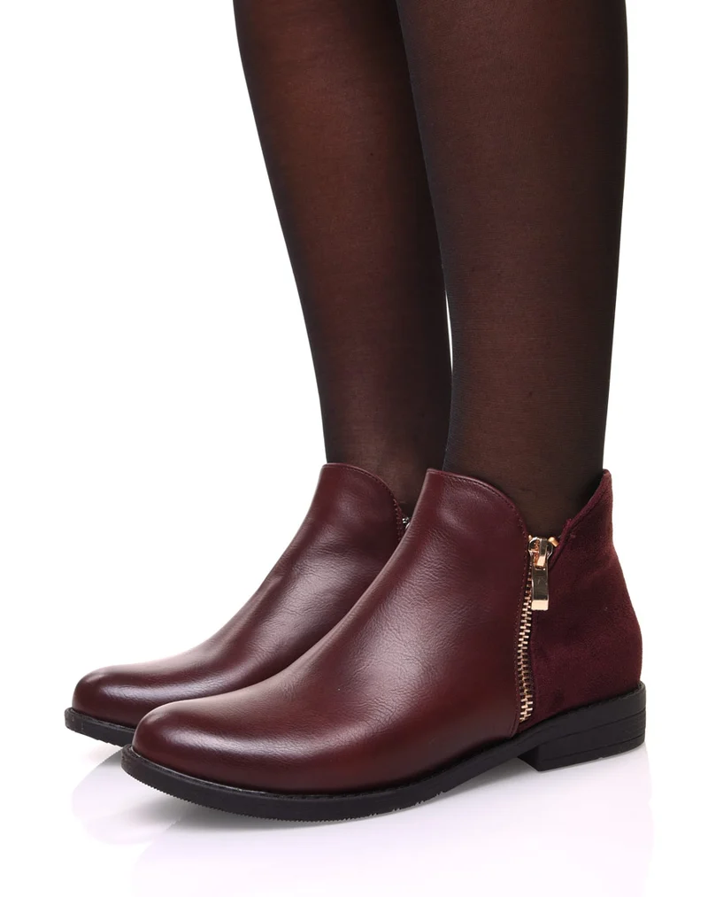 Bottines bordeaux bi matières basses