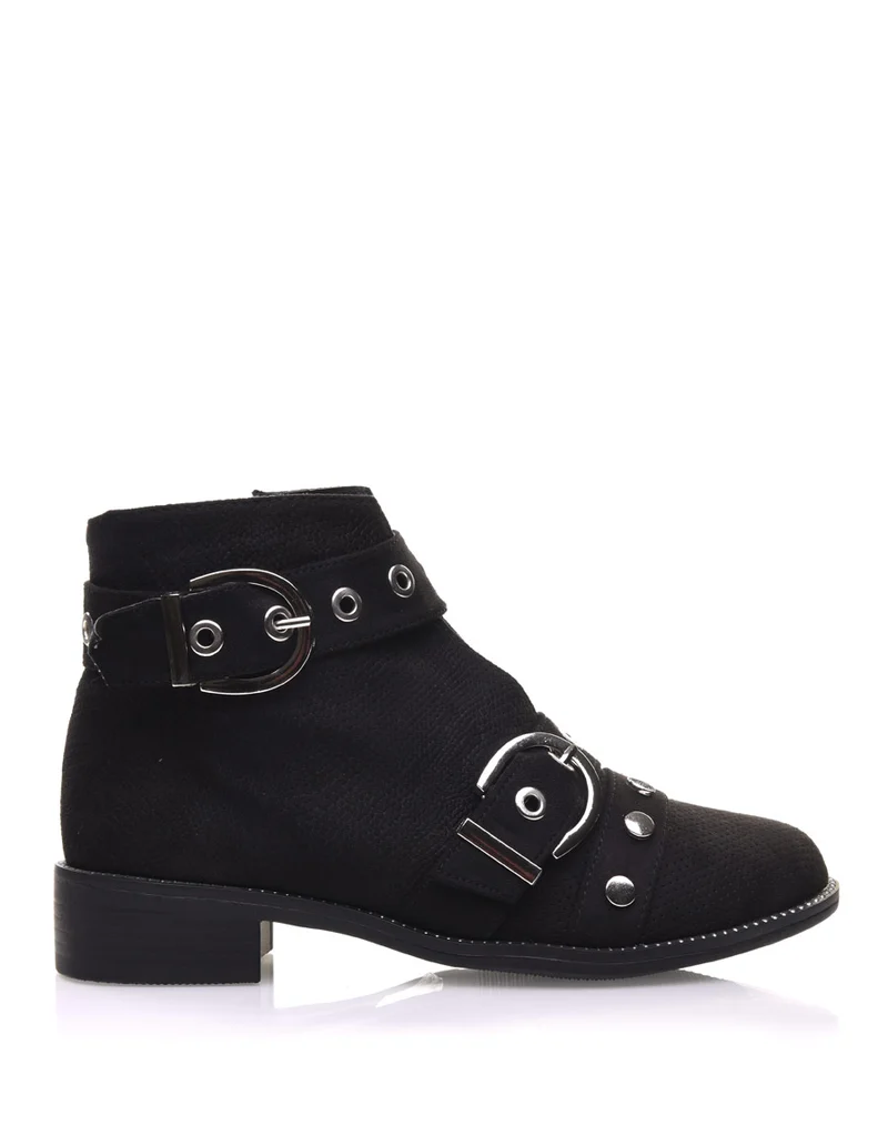 Bottines noires lanières cloutées ouvertes à l’avant