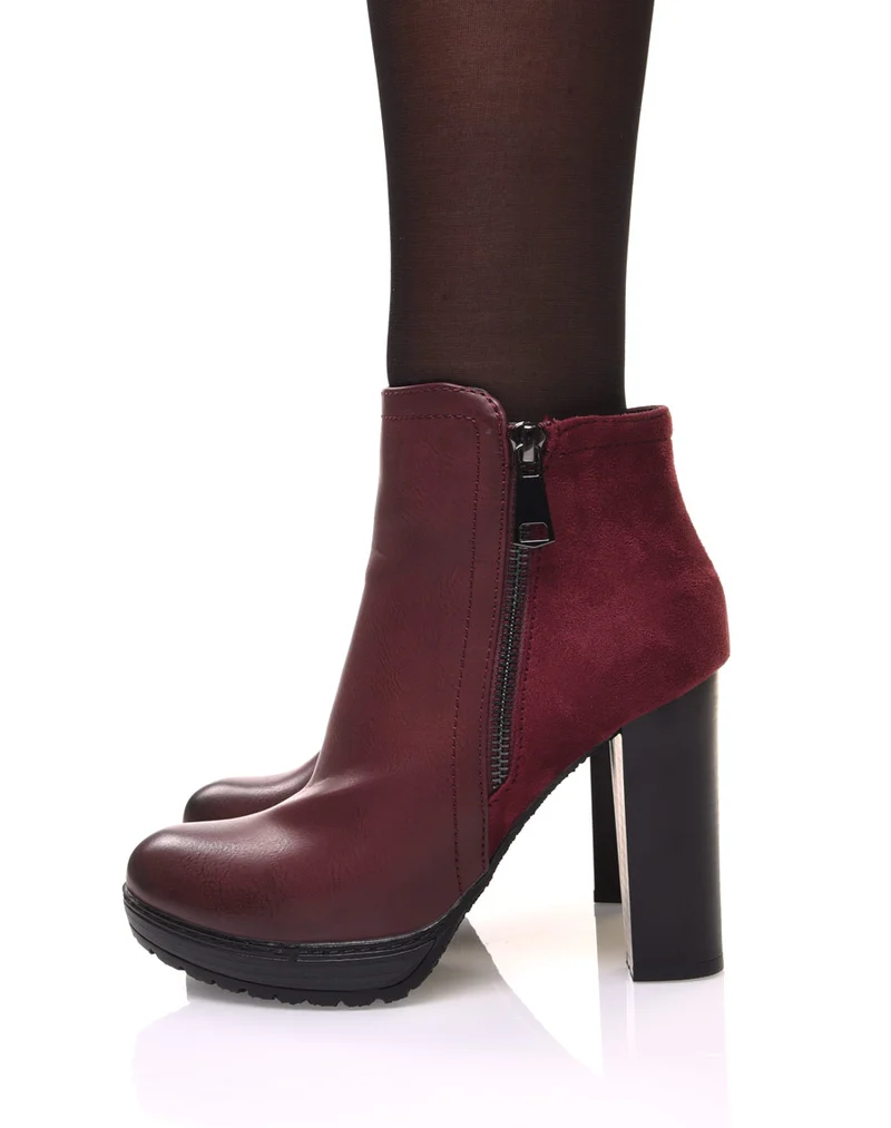Bottines à talons bordeaux bi matières