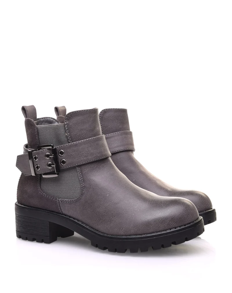 Bottines bi-matières grises à semelle crantée