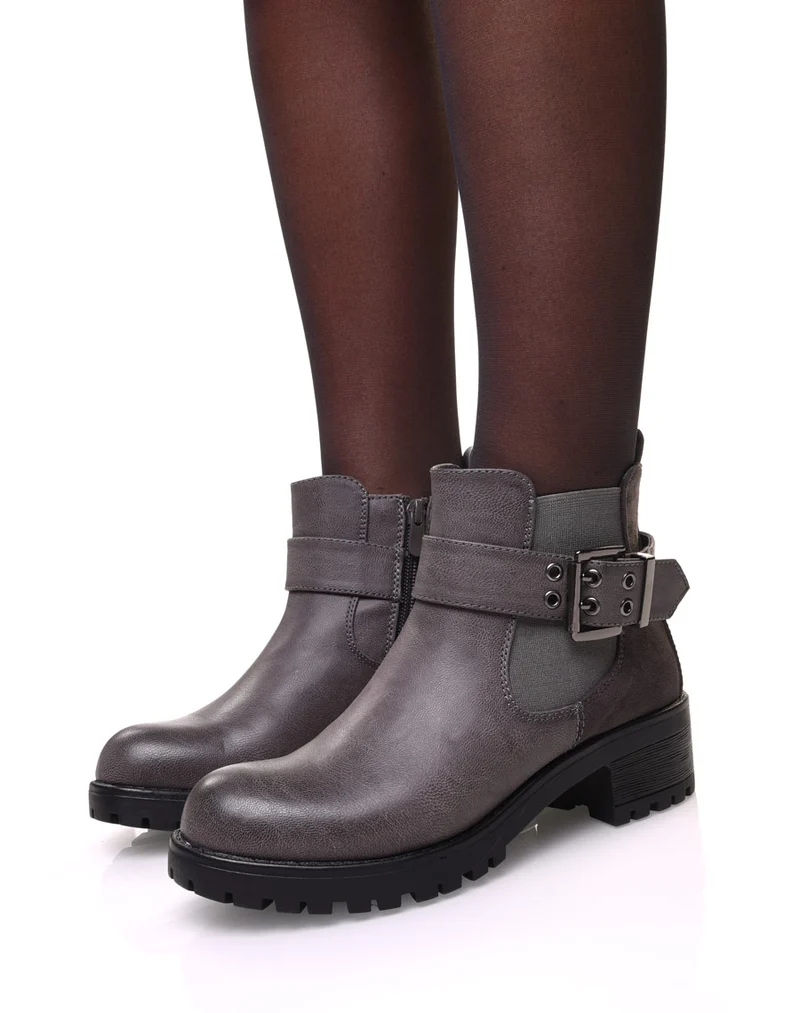 Bottines bi-matières grises à semelle crantée