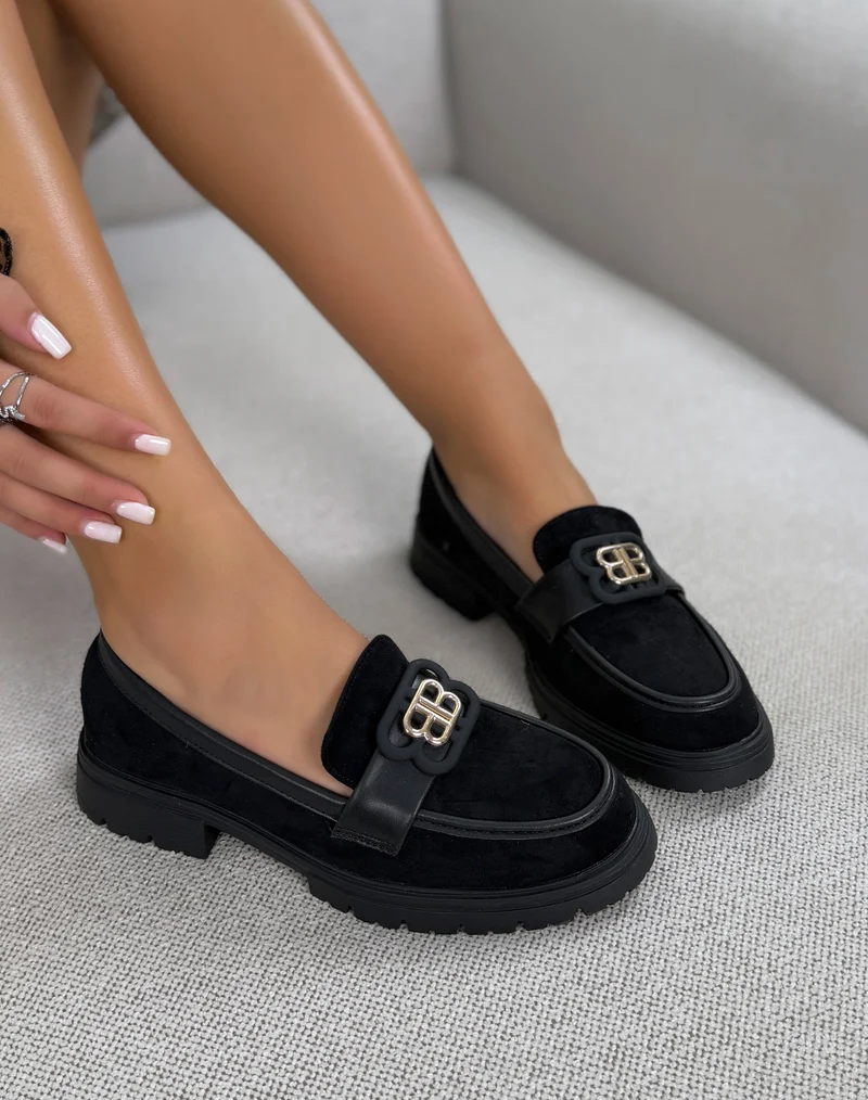 Mocassins femme noirs élégants bi-matière à bijou doré