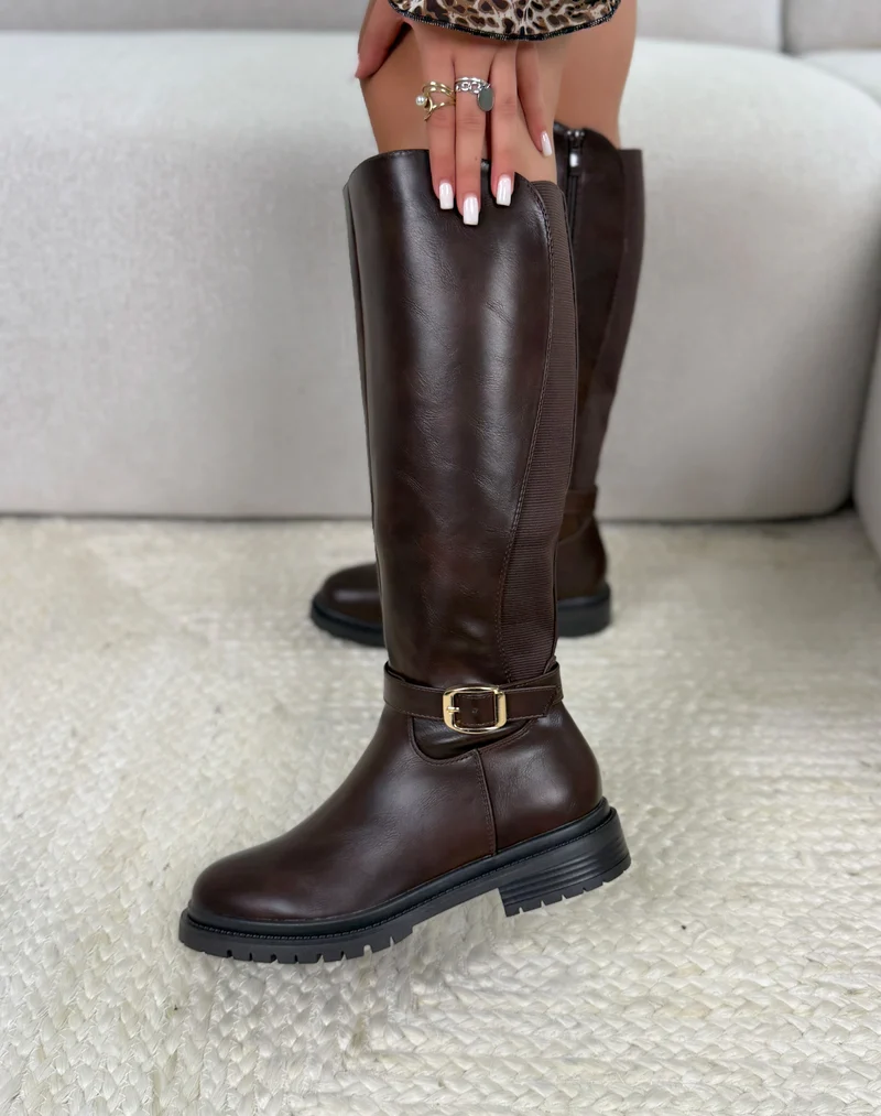 Bottes femme marron tendance à élastique et boucle dorée