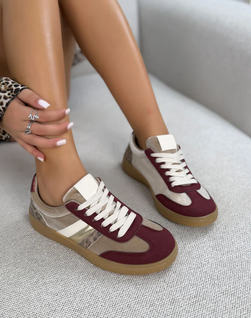 Basket femme bordeaux et beige tendance à bandes dorées effet animal