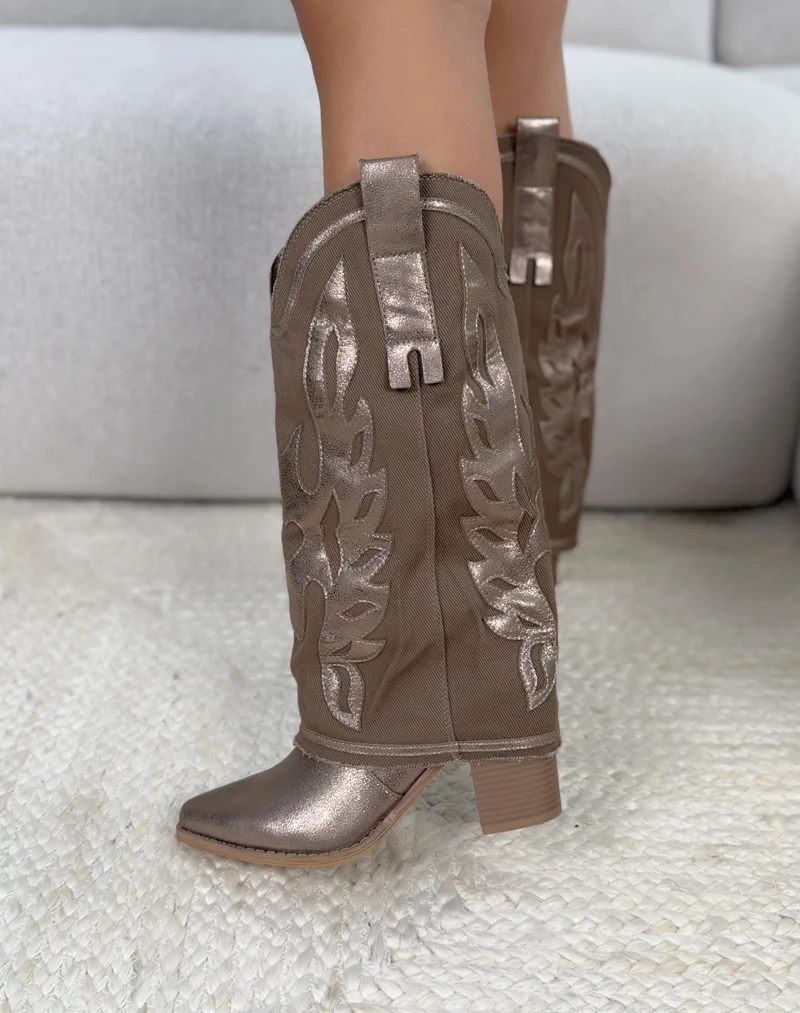Bottes femme taupe bi-matière tendance à revers en jean irisé et talon biseauté confortable