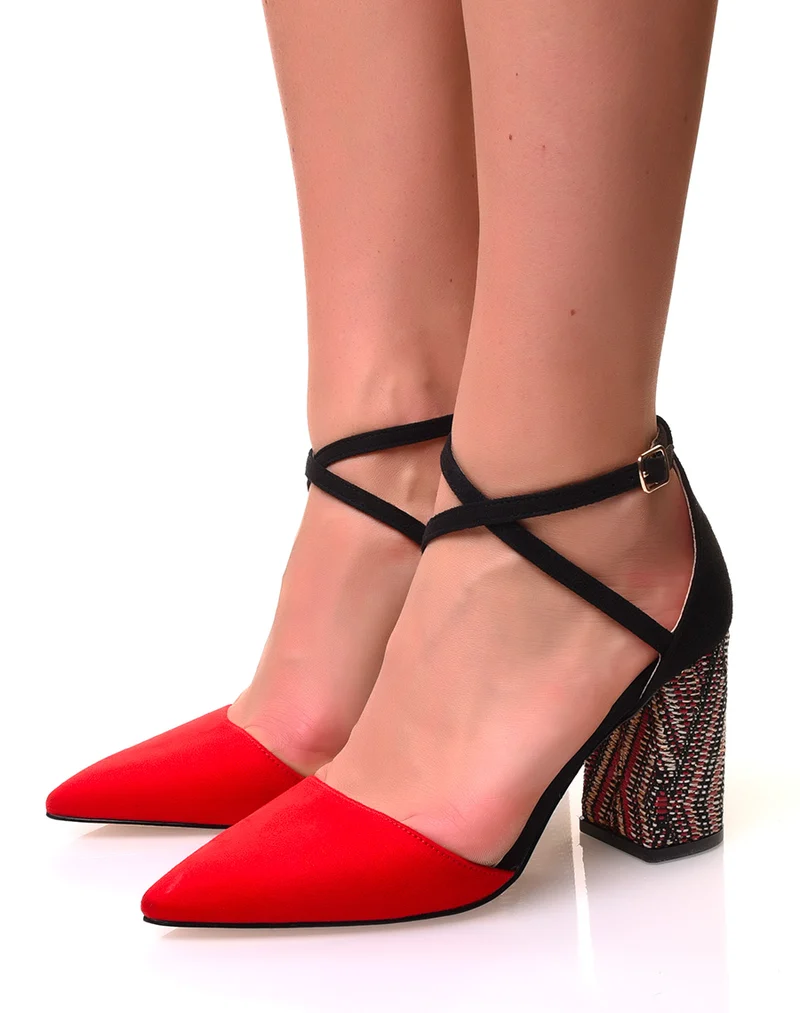 Escarpins à talons carrés tissés en suédine rouge