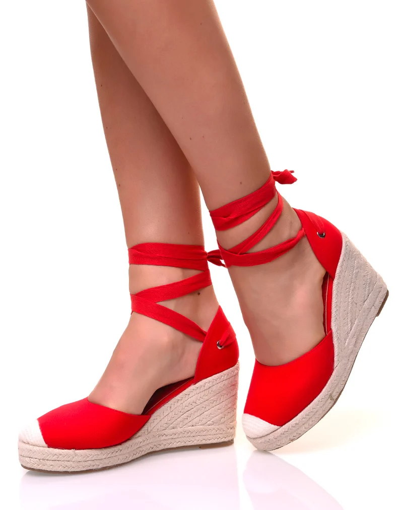 Espadrilles à talons compensés en toile rouge à rubans