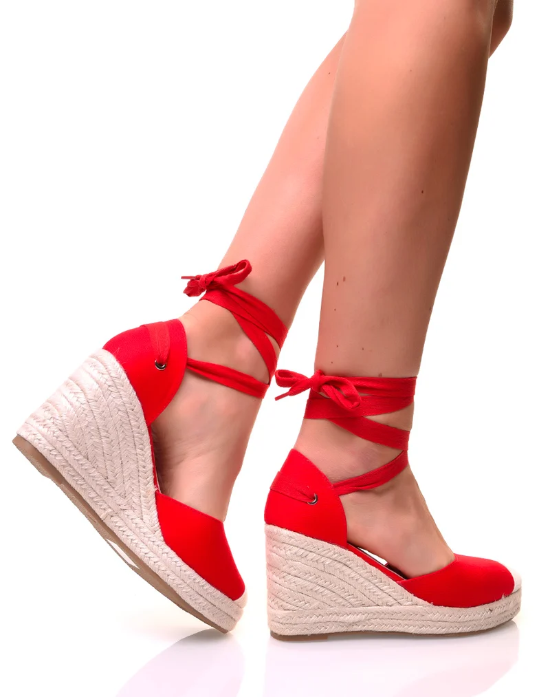 Espadrilles à talons compensés en toile rouge à rubans