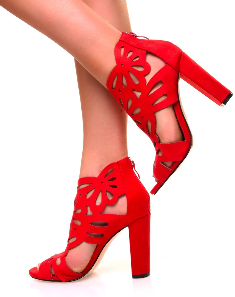 Sandales à talons ajourées en suédine rouges