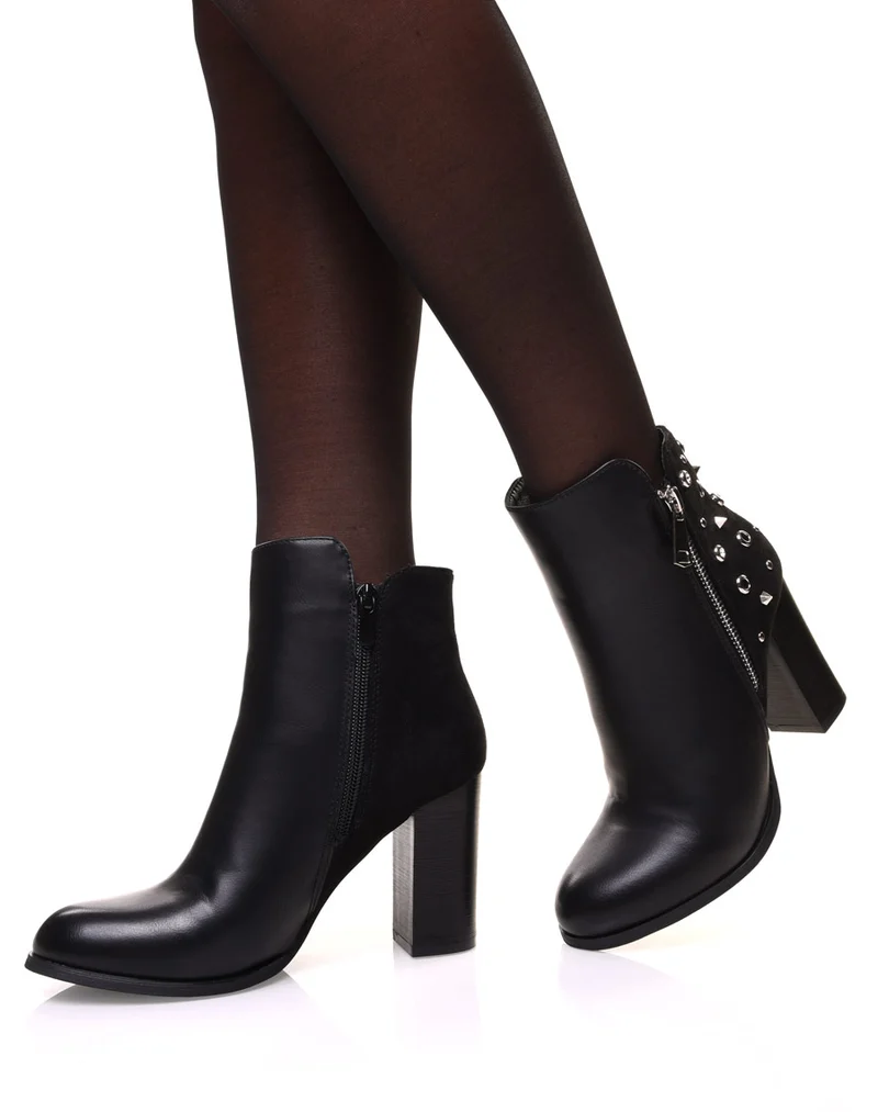 Bottines noires bi matières à talons et détails cloutés