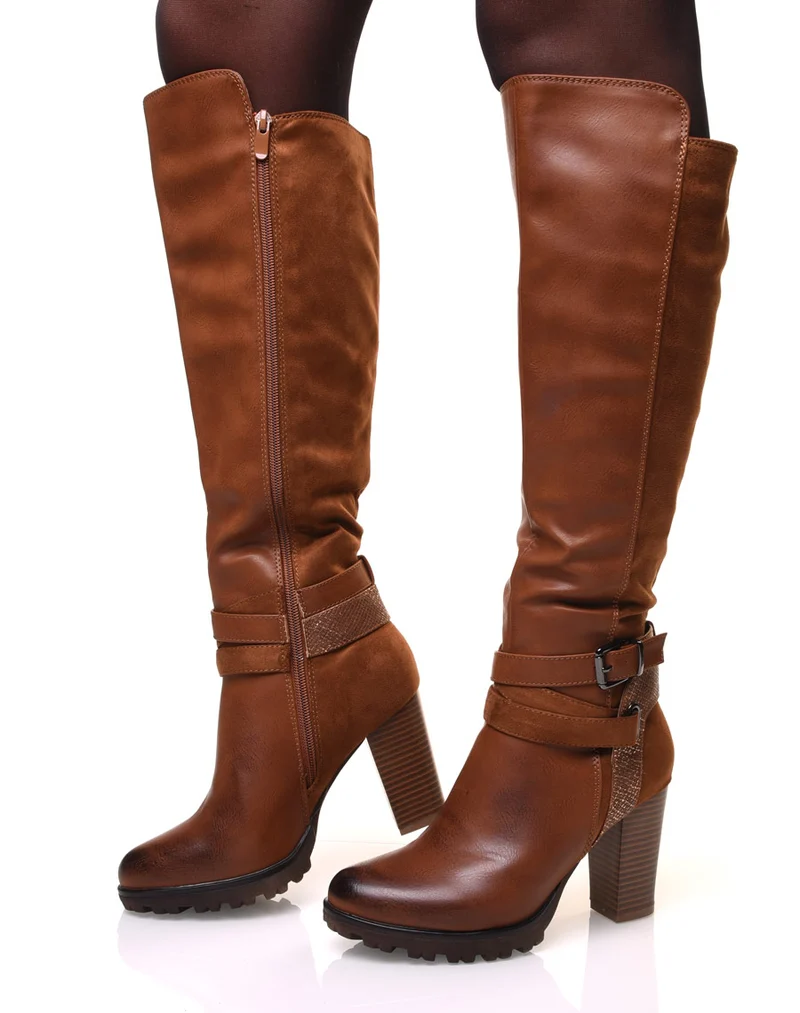 Bottes camelles bi-matière à talon haut