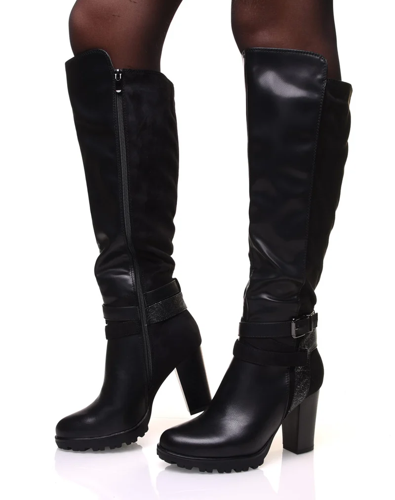 Bottes noires bi-matière à talon haut