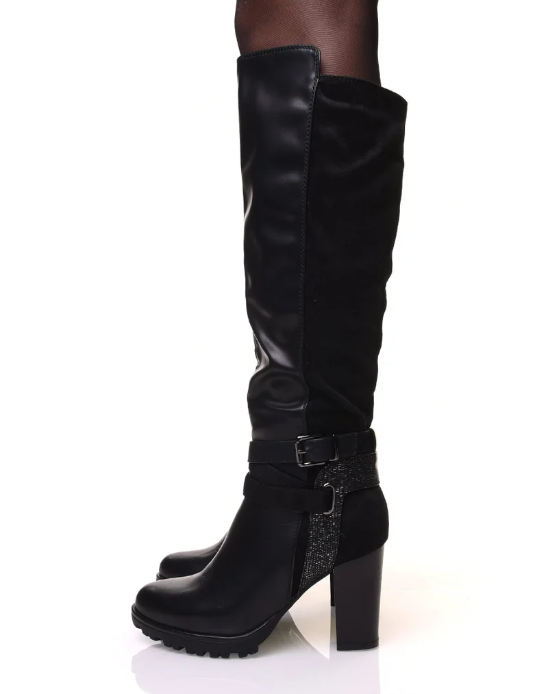 Bottes noires bi-matière à talon haut