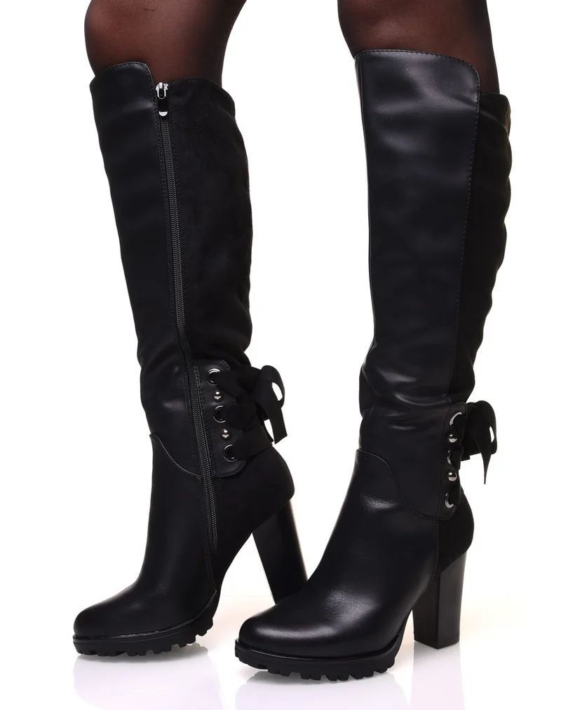 Bottes noires bi-matière à talons et lacets en suédine