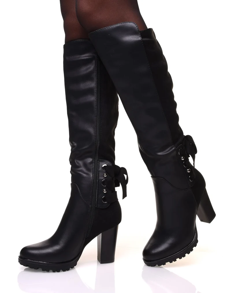 Bottes noires bi-matière à talons et lacets en suédine