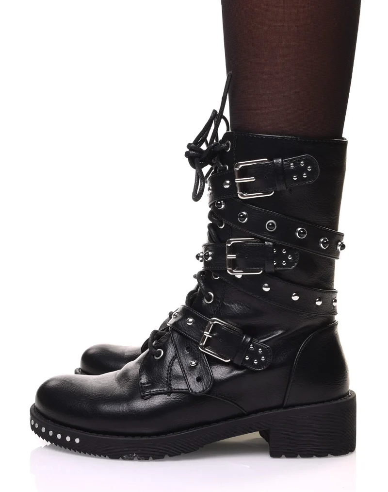 Bottines montantes à lacets et sangles à détails clous