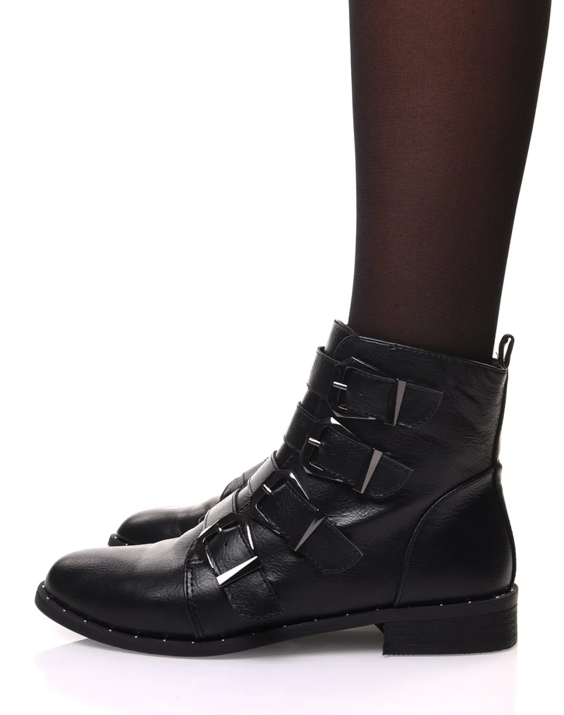 Bottines noires à sangles multiples et petits clous