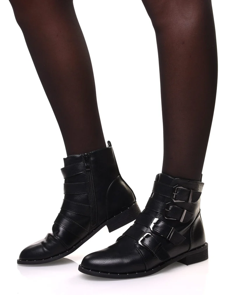 Bottines noires à sangles multiples et petits clous