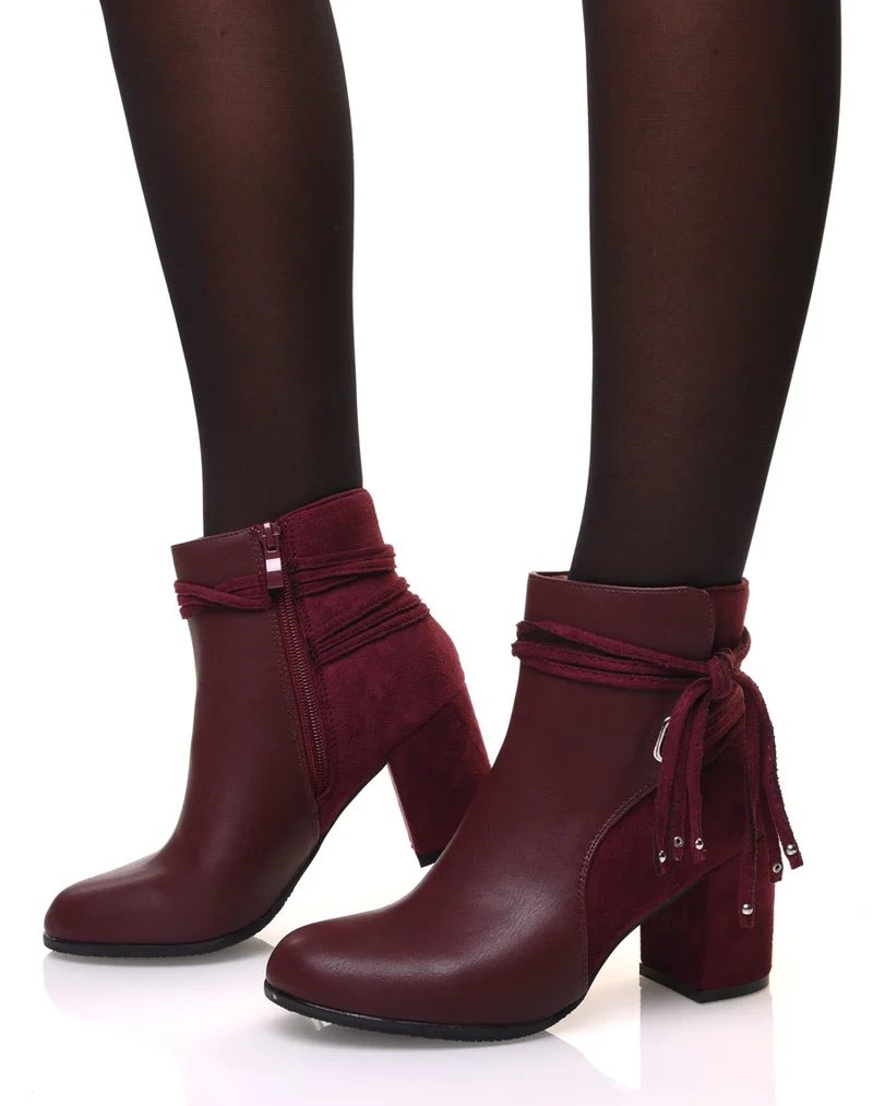Bottines bordeaux bi-matière à talons et détails liens