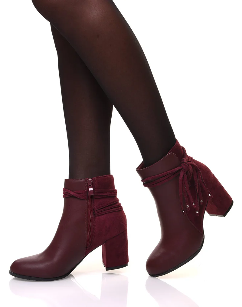 Bottines bordeaux bi-matière à talons et détails liens