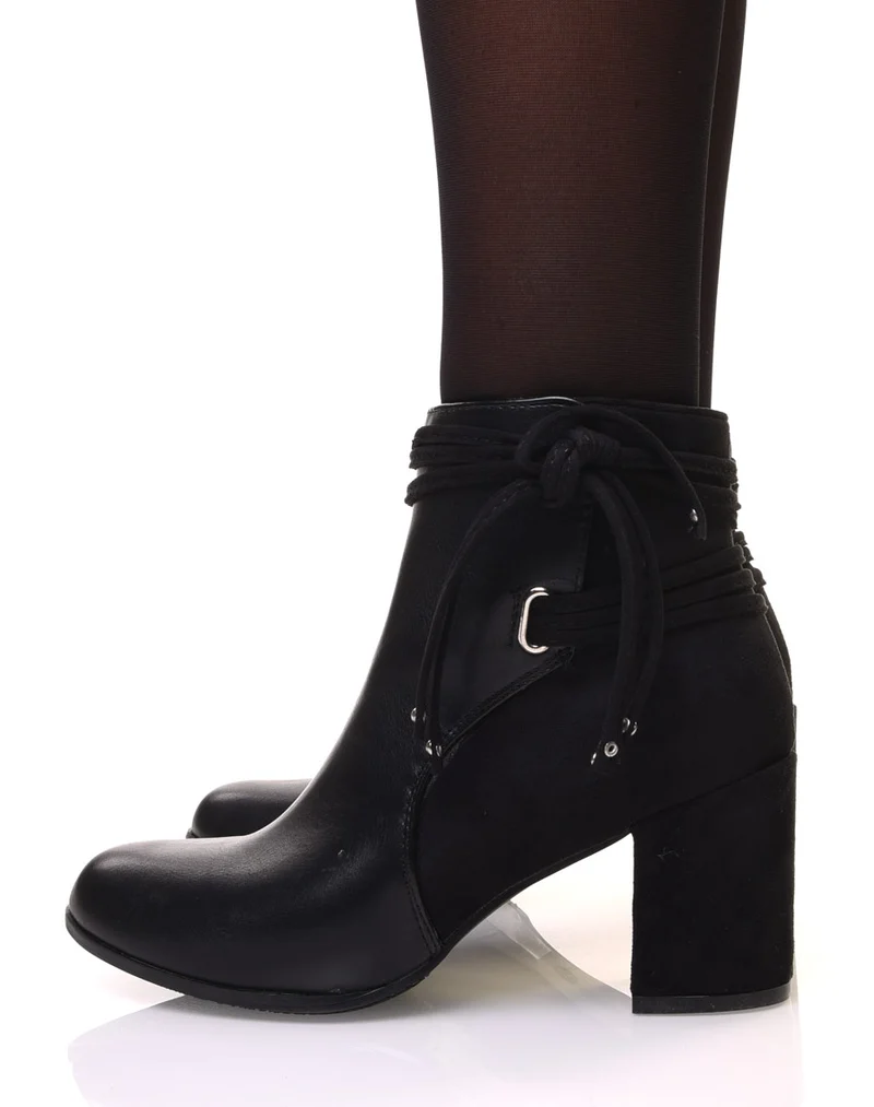 Bottines noires bi-matière à talons et détails liens
