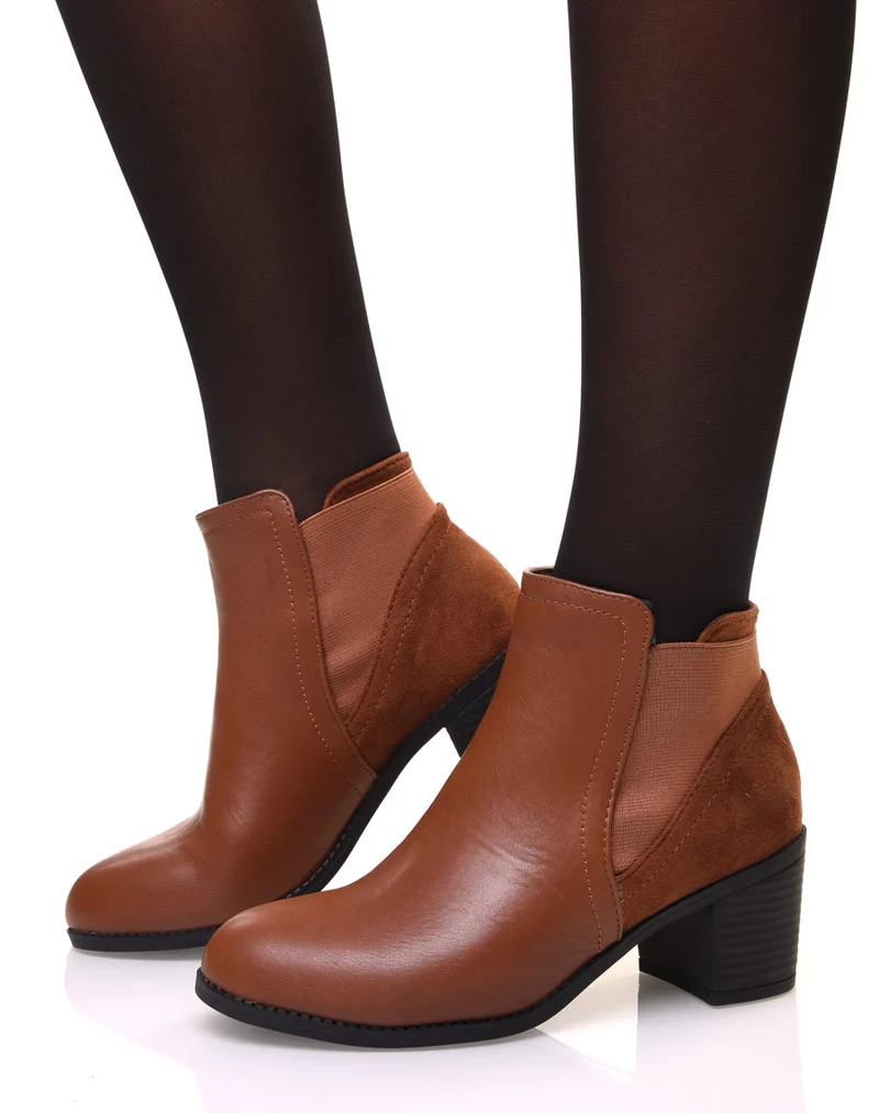 Bottines camelles bi-matière à talons