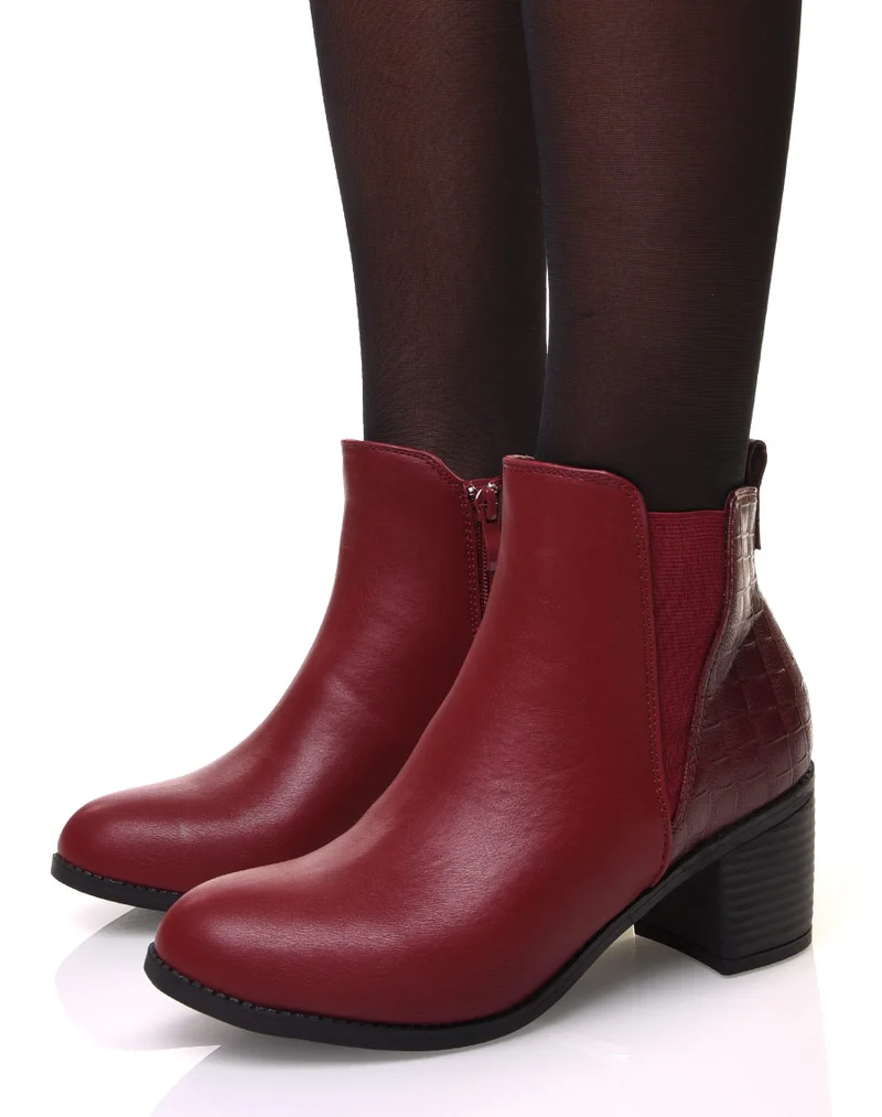 Bottines bordeaux à talons détail imprimé croco